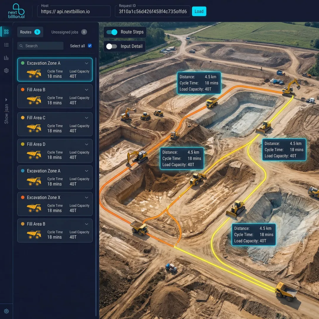 Earthworks haul route optimization software dashboard showing construction truck routes on a site map