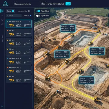 Earthworks haul route optimization software dashboard showing construction truck routes on a site map