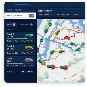 GPS tracking dashboard showing waste management trucks on live map with route data