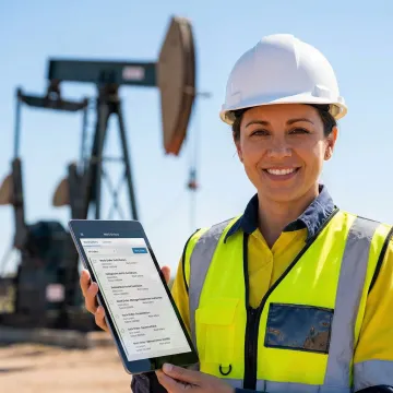 Oil and gas field service technician using a tablet to manage work orders at a well site