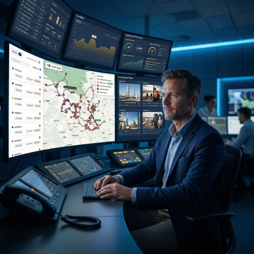 Operations manager monitoring oil and gas field crew locations on a dispatch dashboard