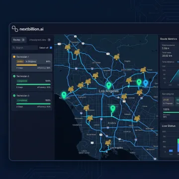 Dashboard showing solar field technician routes and live locations on a map