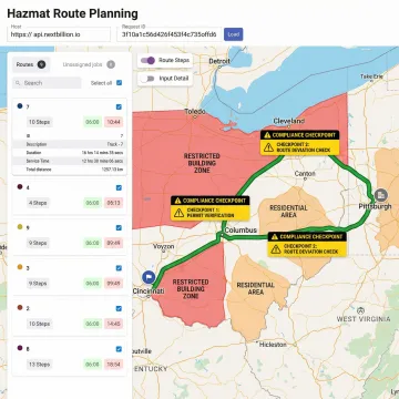 Routing software displaying a hazmat-compliant route avoiding restricted building zones