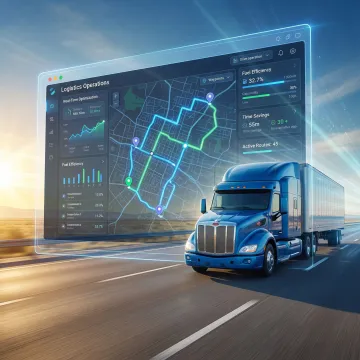 Route optimization dashboard displaying long-haul truck routing across highway network