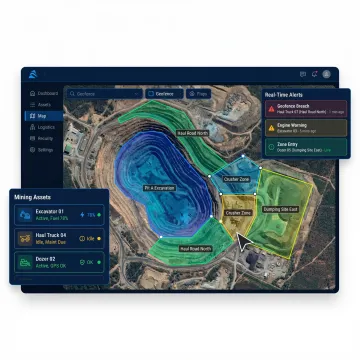 Step-by-step geofencing setup process displayed on a mining operations software interface