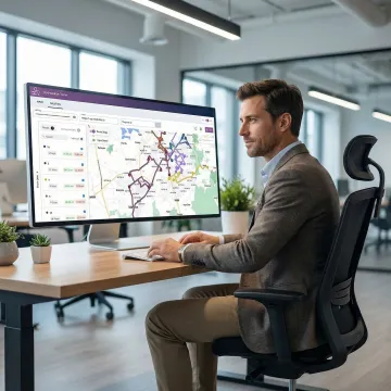 Operations manager reviewing optimized last-mile delivery routes on a logistics dashboard