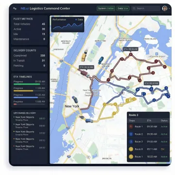 Route optimization dashboard showing multi-stop delivery routes on a map for a last-mile delivery fleet