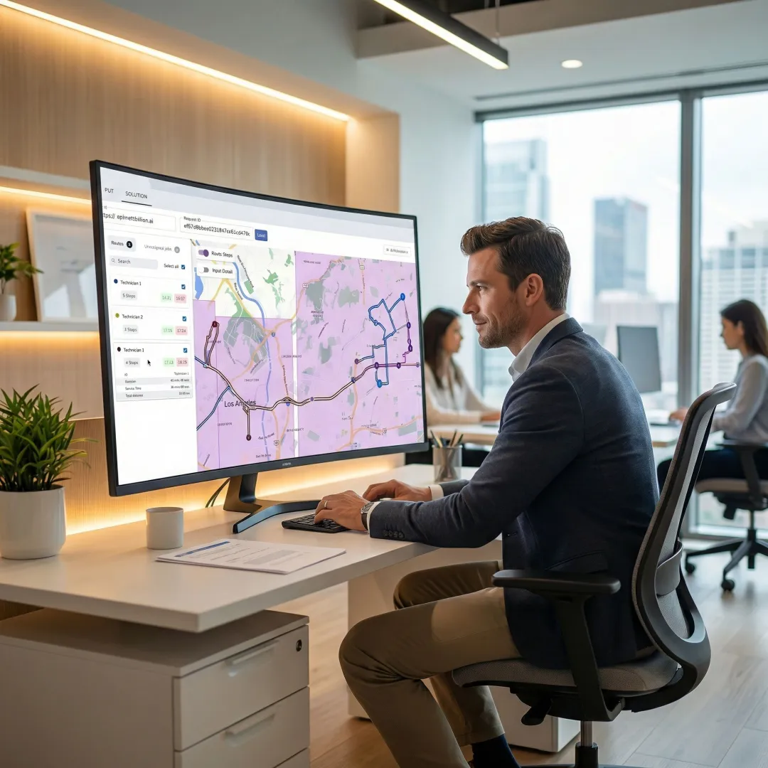 Operations manager reviewing optimized technician routes on a logistics dispatch dashboard