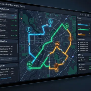 Fleet of construction material delivery trucks being routed via a digital optimization dashboard