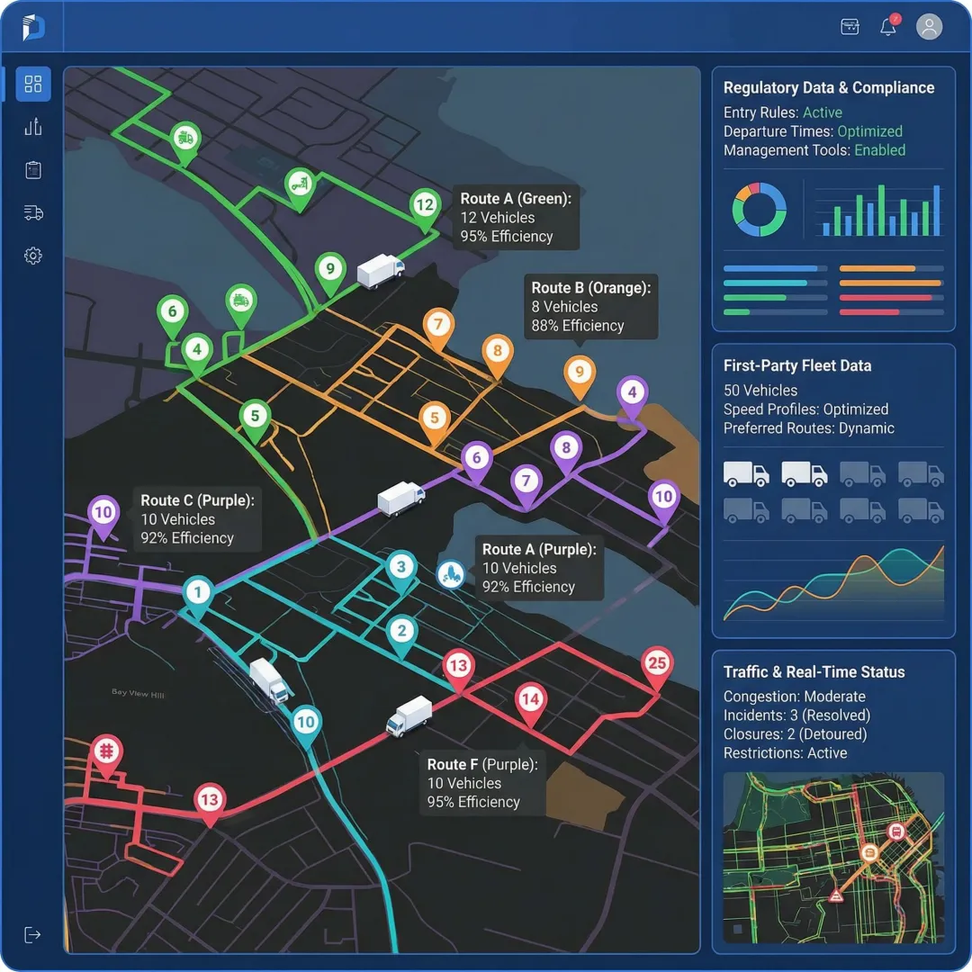 Fleet management route optimization dashboard showing optimized multi-stop delivery routes on a map