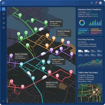 Fleet management route optimization dashboard showing optimized multi-stop delivery routes on a map