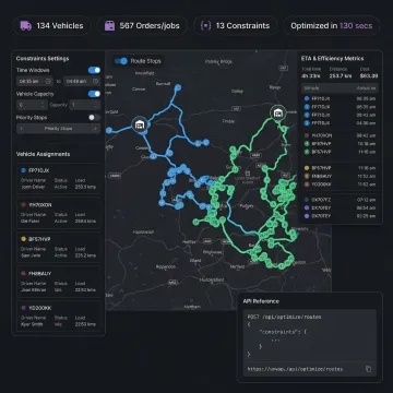 Route optimization API interface showing multi-stop fleet routes with constraint configurations