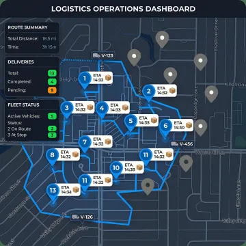 Route optimization dashboard showing e-commerce delivery routes on a map with multiple stops and ETAs.