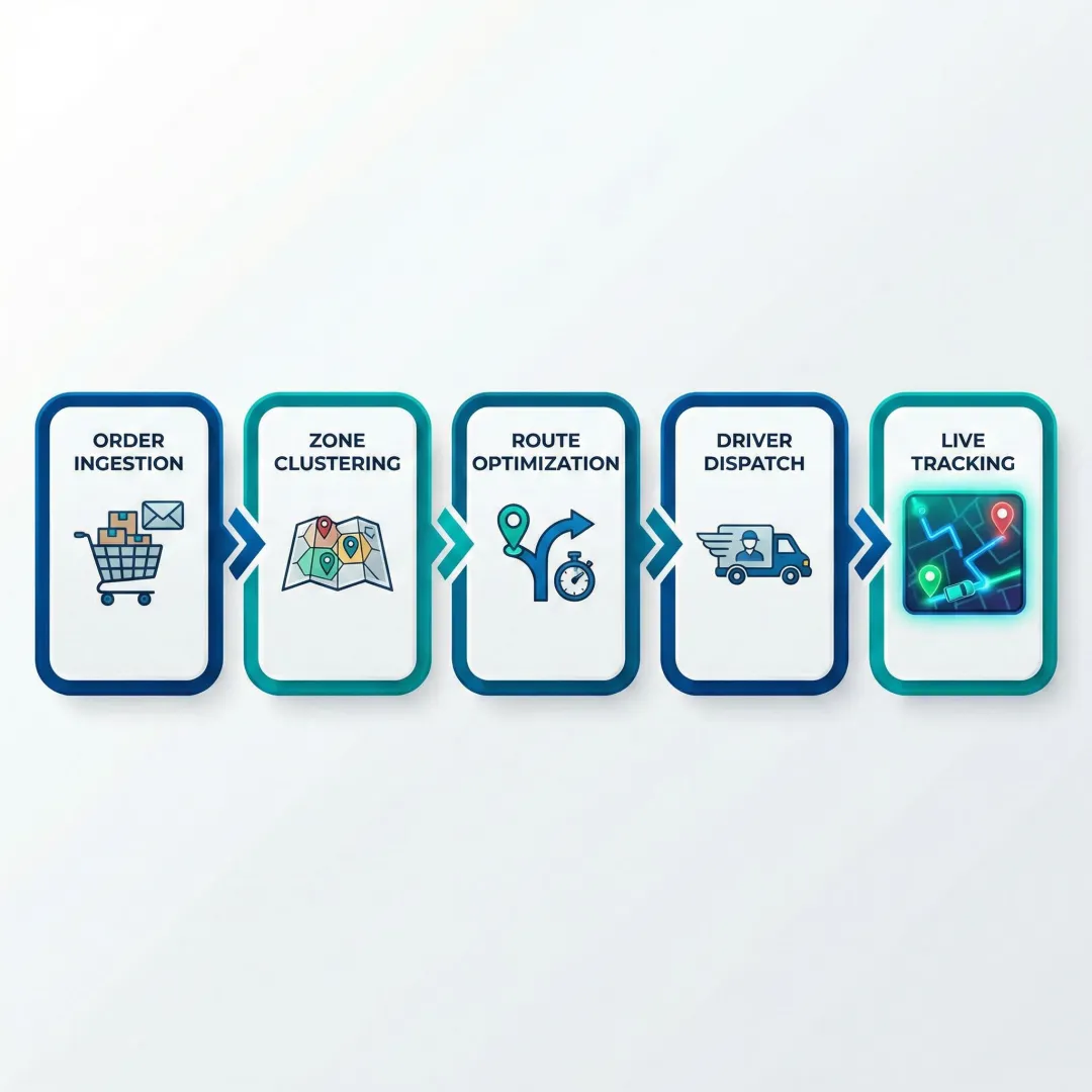 Step-by-step e-commerce delivery route optimization workflow from order ingestion to driver dispatch.