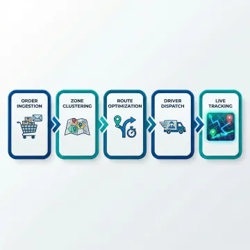 Step-by-step e-commerce delivery route optimization workflow from order ingestion to driver dispatch.