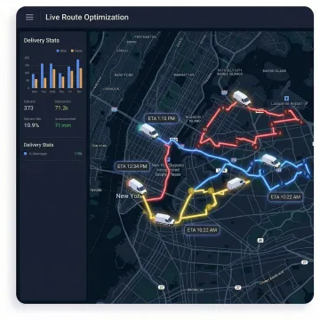 Route optimization API dashboard showing courier delivery routes on a map
