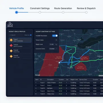 Operations dashboard showing HAZMAT route optimization workflow steps
