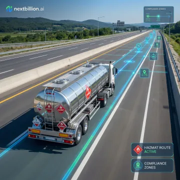 HAZMAT truck on a highway following an optimized, compliant route
