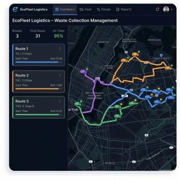 Route optimization software dashboard showing waste collection vehicle routes on a city map