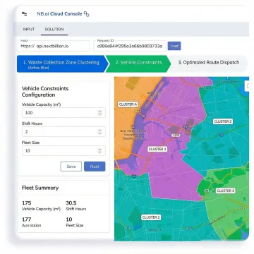 Step-by-step waste collection route planning workflow on a logistics platform interface