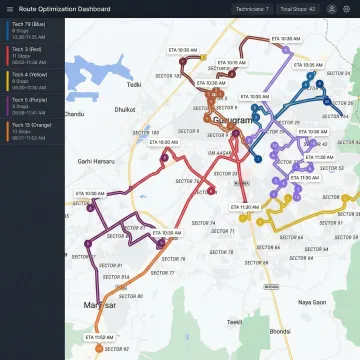 Operations dashboard showing optimized technician routes across a residential service area