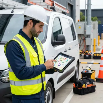 Utility technician using a tablet to view optimized route assignments on a field service app