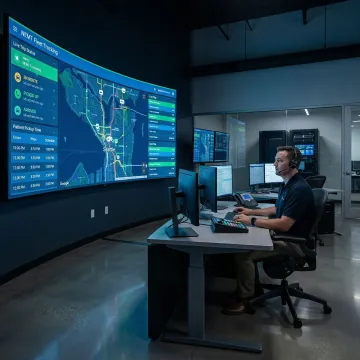 NEMT dispatch operations center with live fleet tracking dashboard showing multiple active patient transport routes