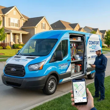 HVAC technician receiving optimized route dispatch on a mobile app while loading equipment into a service van