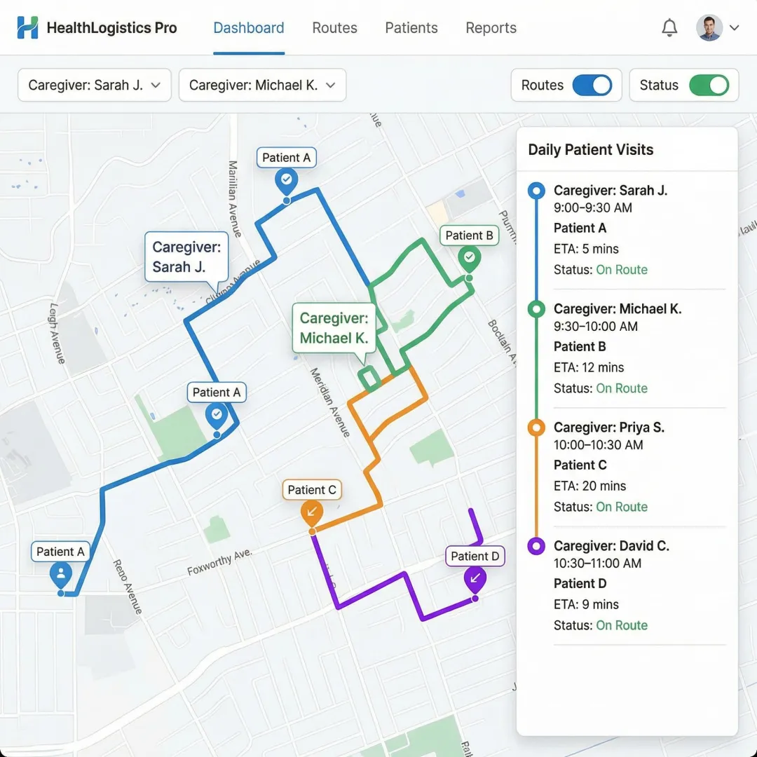 Route optimization dashboard showing optimized home healthcare visit schedules on a map