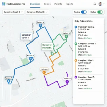 Route optimization dashboard showing optimized home healthcare visit schedules on a map