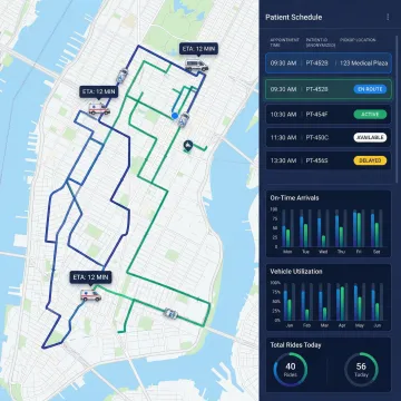 Healthcare logistics route optimization dashboard showing NEMT vehicle routing and patient transport scheduling