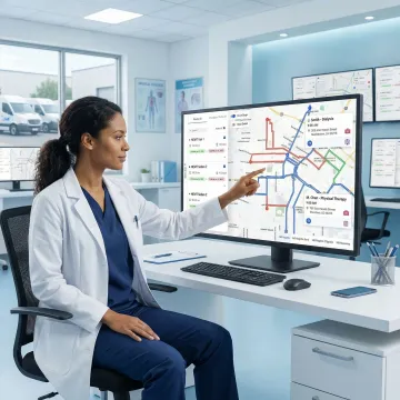 NEMT dispatcher reviewing optimized patient transport routes on a fleet management screen