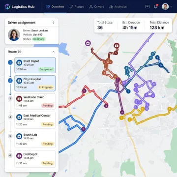 Step-by-step route optimization workflow displayed on a logistics dashboard for medical equipment delivery