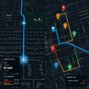 Emergency response route optimization dashboard showing real-time vehicle dispatch and routing