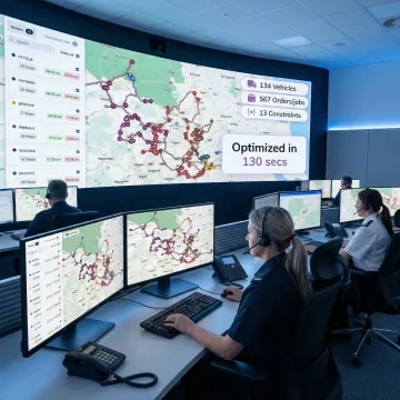Emergency response dispatch center using route optimization software on multiple screens