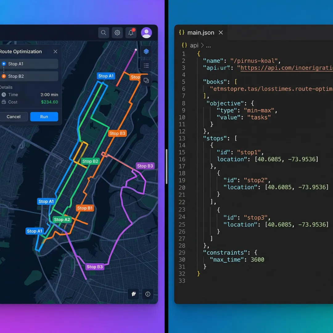Route optimization API interface showing multi-stop logistics route planning with constraints