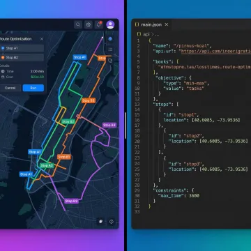Route optimization API interface showing multi-stop logistics route planning with constraints