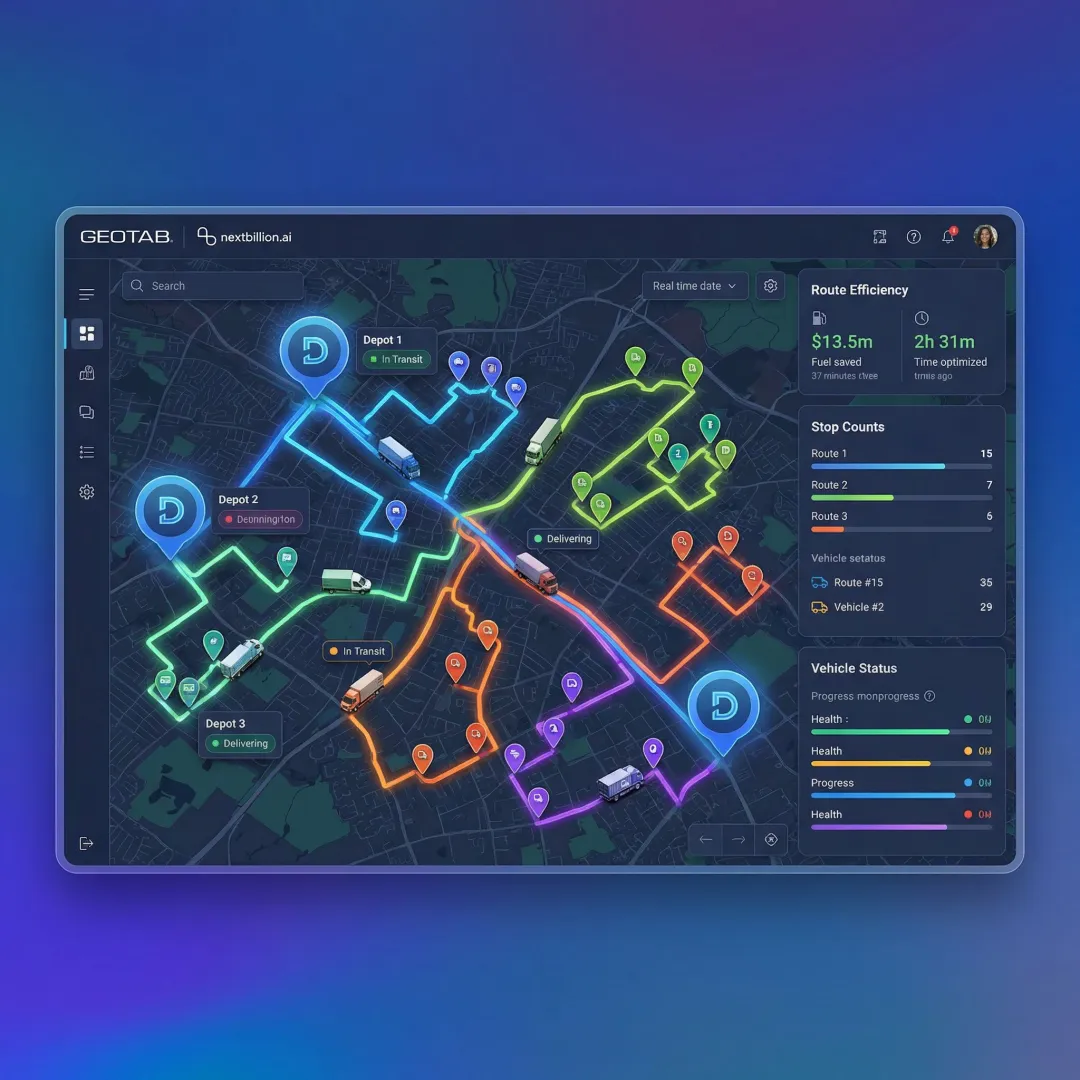 Route optimization dashboard showing multi-depot delivery routes across a city map