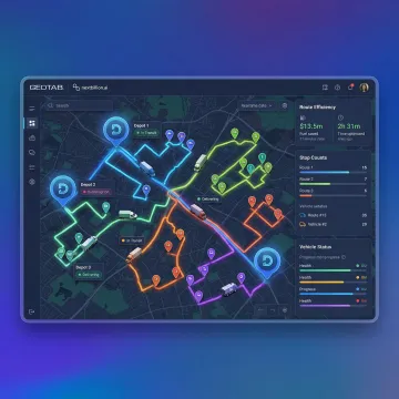 Route optimization dashboard showing multi-depot delivery routes across a city map