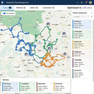 Multi-depot route optimization API interface showing fleet routes across multiple warehouse locations