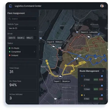Route optimization dashboard showing supply chain delivery routes across a distribution network map