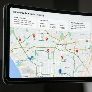 Dispatch dashboard for auto parts same-day delivery routing