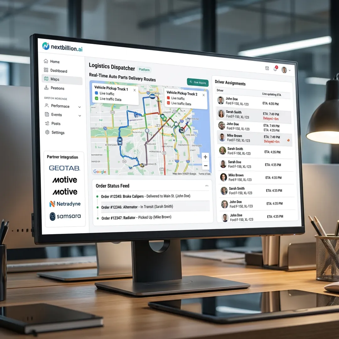 Auto parts delivery routing workflow on dispatch screen