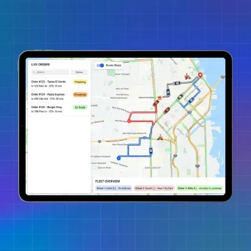 Restaurant delivery dispatch dashboard with driver tracking
