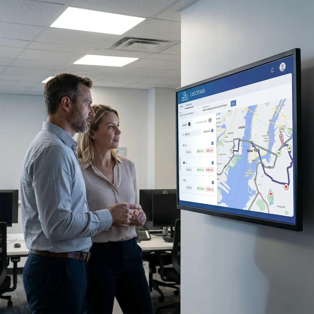 Operations team reviewing optimized vehicle routes