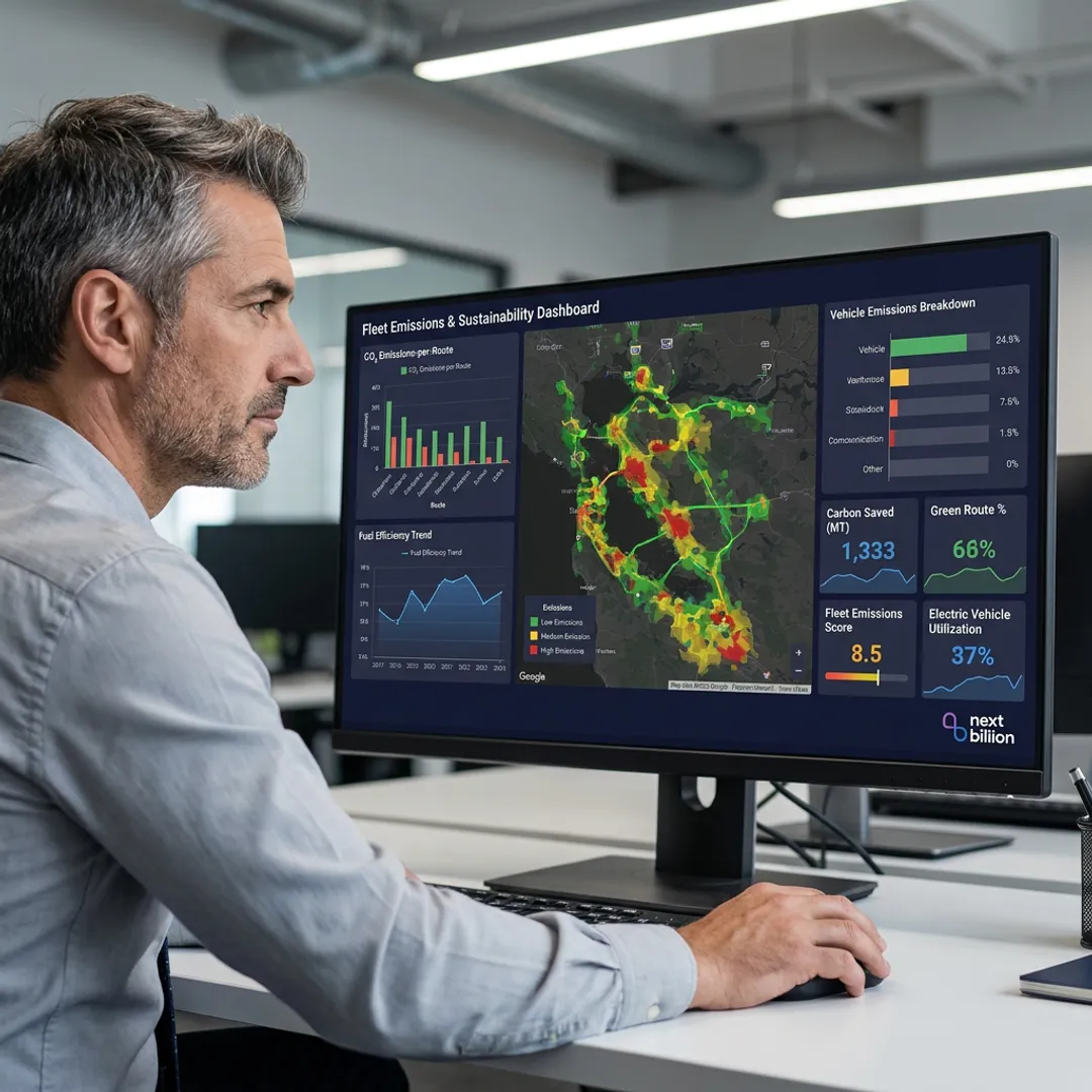 Fleet manager reviewing emissions and route efficiency data