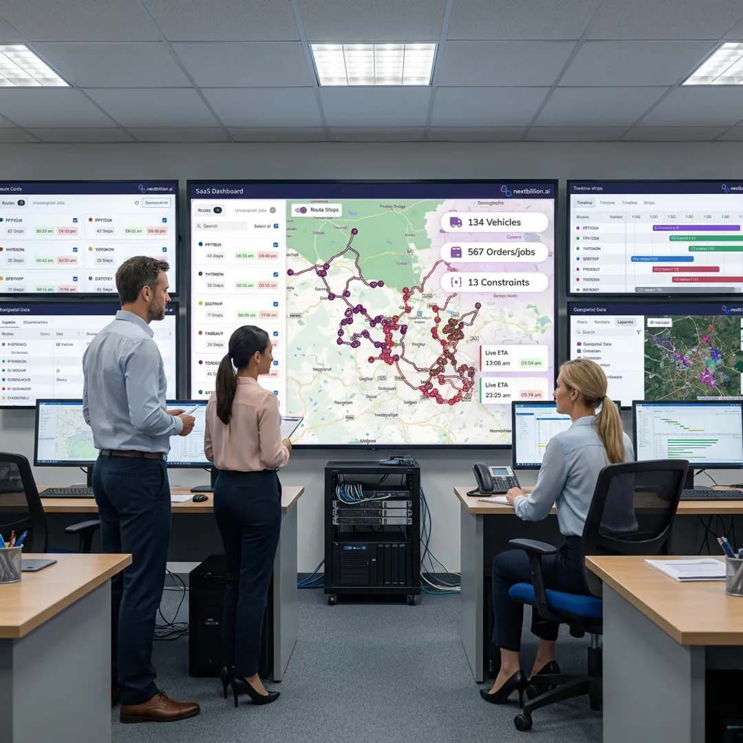 Freight dispatch team reviewing optimized truck routes