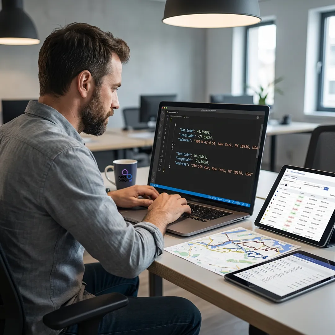 Developer using reverse geocoding API in a mapping workflow