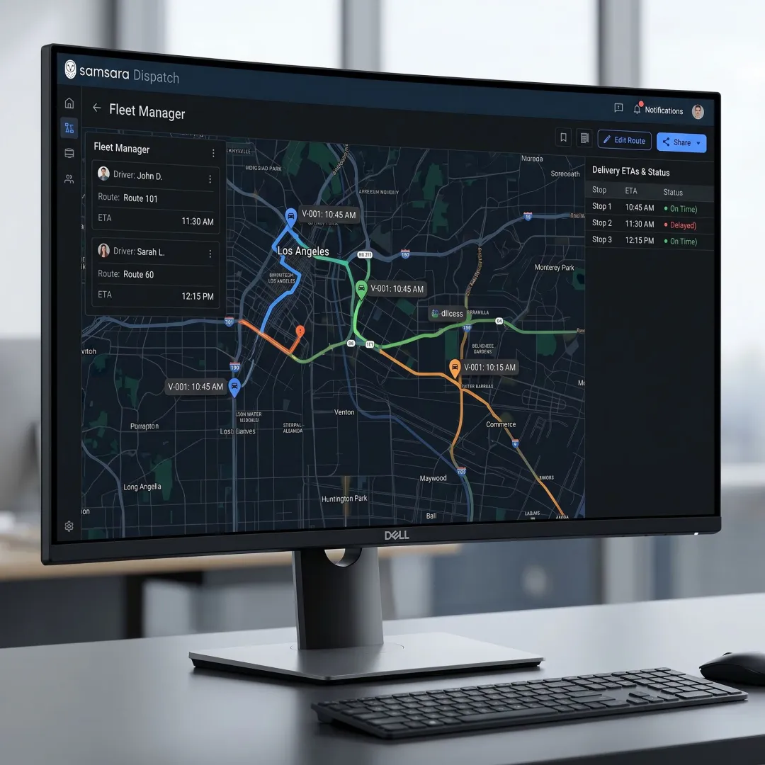Fleet managers analyzing optimized dispatch routes