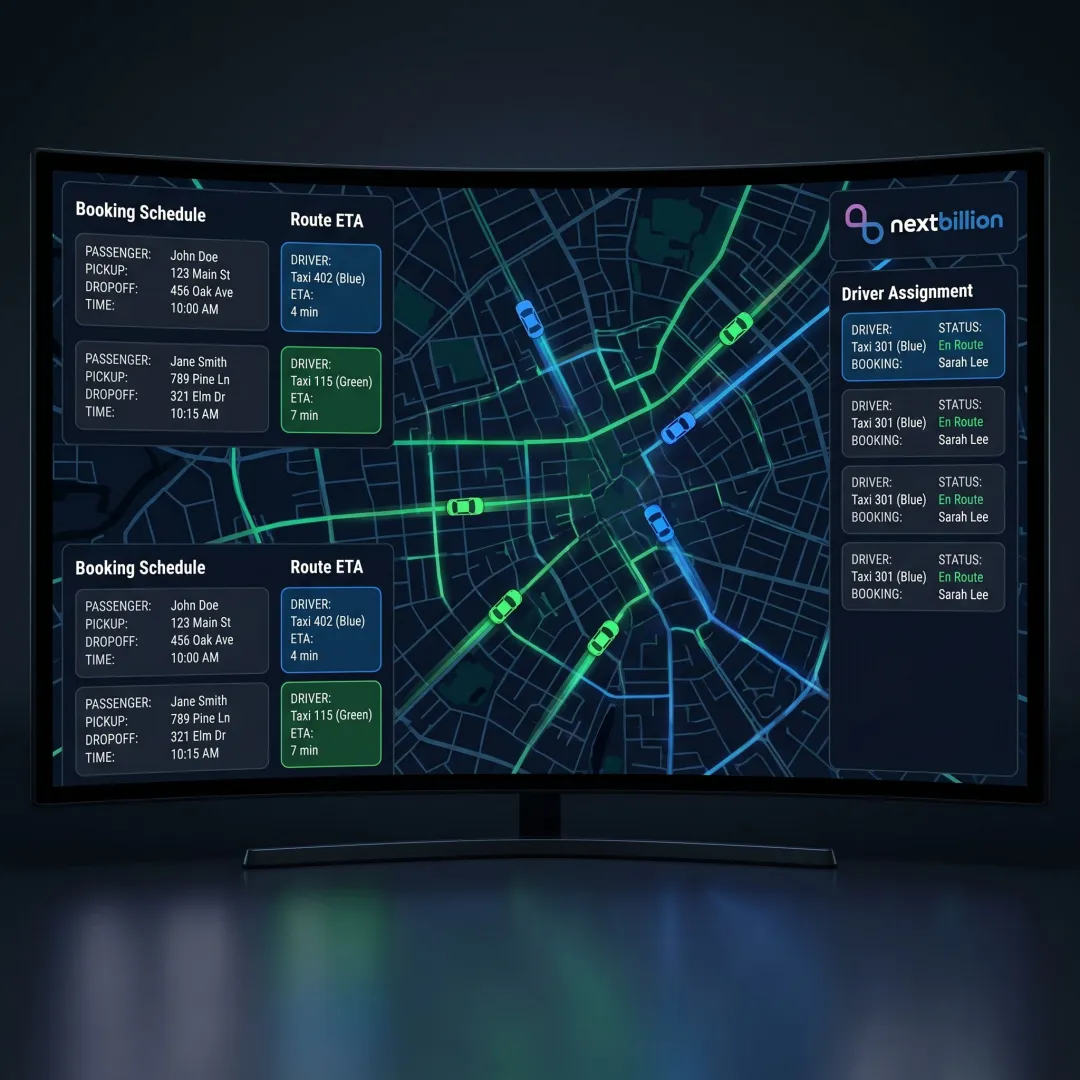 Taxi dispatch dashboard with live vehicle tracking